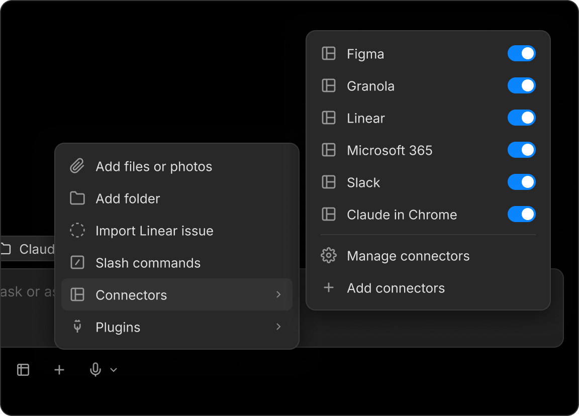 The plus button menu with the Connectors submenu open